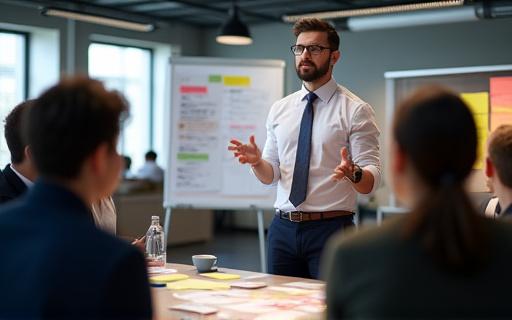 Eine Führungskraft, die ein Team während eines Workshops anleitet.