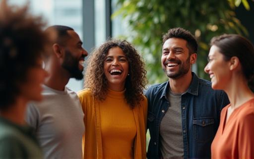 Fröhliche Mitarbeiter verschiedener Ethnien, die zusammenarbeiten.