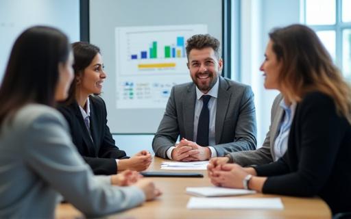 Eine Gruppe von Fachkräften in einem Besprechungsraum, die über Talentakquise diskutieren.